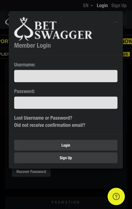 Bet Swagger login form with username and password fields